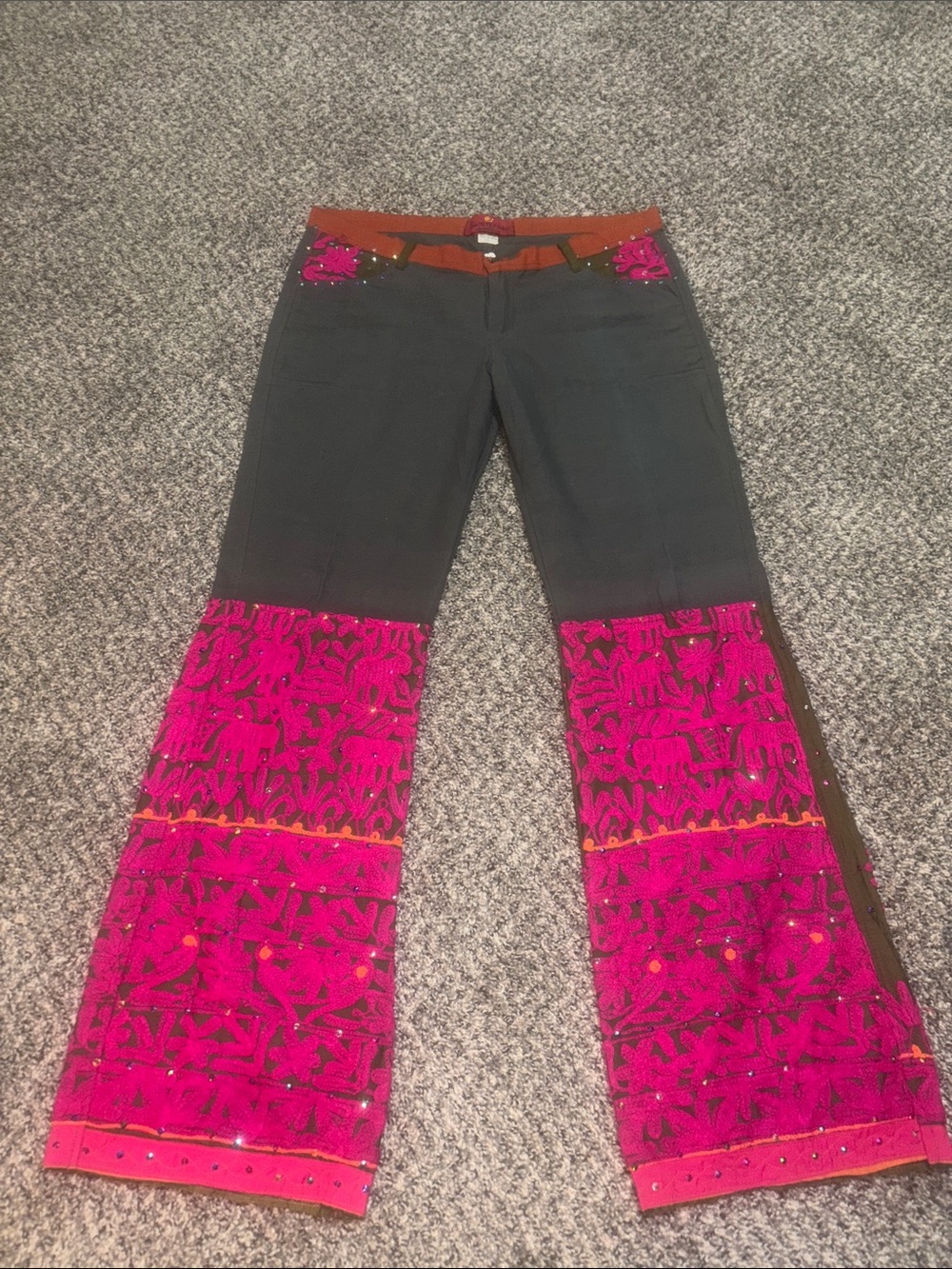 100% Cotton Embellished Pink & Black Wide-Leg Pants